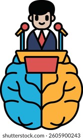 A man is sitting at a podium with two brains. The man is smiling and the brains are orange and blue