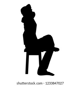 Man sitting pose with hands behinds head Young man sits on a chair with his leg thrown silhouette icon black color