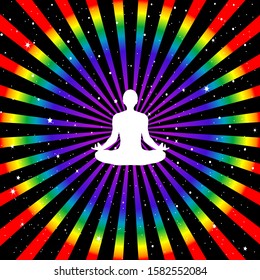 Man sitting in pose of lotus meditating on starry outer space background with sunburst in chakra colors