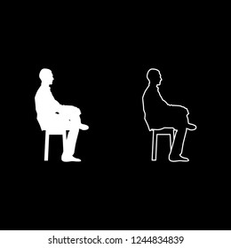 Man sitting pose Young man sits on a chair with his leg thrown silhouette icon outline set white color