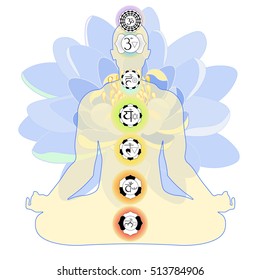 man sitting  position meditating with chakra, blue lotus. vector illustration