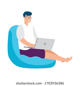hombre sentado en un puf con diseño de ilustración vectorial de portátil