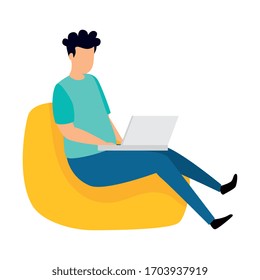hombre sentado en un puf con diseño de ilustración vectorial de portátil