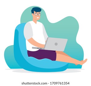 hombre sentado en un puf con diseño de ilustración vectorial de portátil