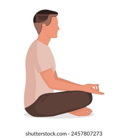 Hombre sentado y practicando meditación, vista de perfil