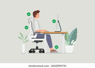Man sitting properly at desk and working with a computer. Vector illustration