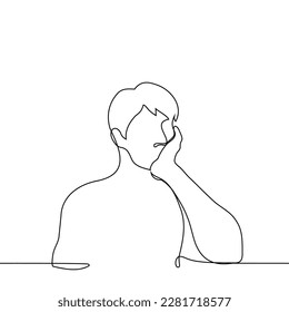 hombre sentado apuntando su mejilla con su mano - un vector de dibujo de una línea. soñación diurna conceptual