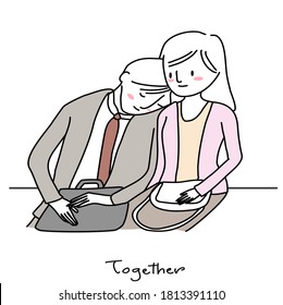 Man sitting and putting his head on woman's shoulder to sleep. Businessman resting his head on girlfriend' s shoulder. Couple sitting on bus and tired man resting head on woman's shoulder afterwork. 