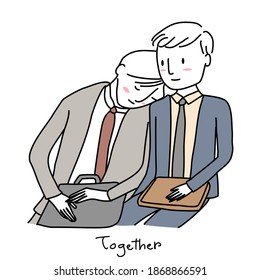 Man sitting and putting his head on partner's shoulder to sleep. Businessman resting his head on boyfriend's shoulder. Couple sitting on bus and tired man resting head on mate's shoulder afterwork.