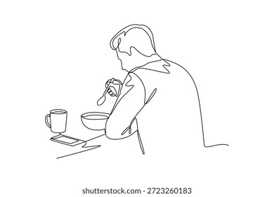Um homem sentado calmamente com o café da manhã. Conceito de horário de café da manhã. Design de desenho de linha única. Ilustração gráfica vetorial
