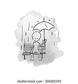 Man sitting in rain holding umbrella