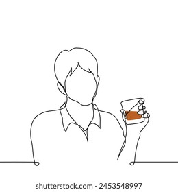 man sitting with a raised glass of whiskey - one line art vector. concept drinking alone, whiskey connoisseur without ice. Hand made vector not AI