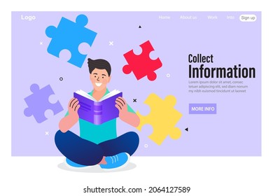 Man sitting and reading a book. Behind it is a jigsaw puzzle. smart child with literature, Vector illustration eps 10. Flat cartoon style.