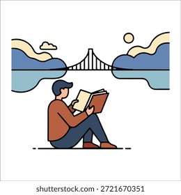 Hombre sentado y leyendo un libro con un puente y las nubes en el Vector de fondo