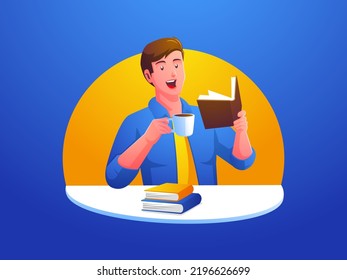 un hombre sentado leyendo un libro bebiendo café