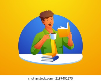 a man sitting reading a book drinking coffee