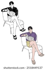 Mann sitzend, der ein Buch liest, handgezeichnete Farbgrafik
