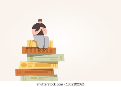 Ein Mann sitzt und liest ein Buch über den Stapel von Büchern, Pile von Büchern, Illustrationen Cartoon Vektorgrafik