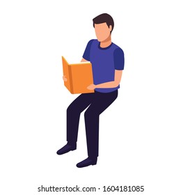 man sitting reading a book over white background, vector illustration