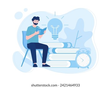 man sitting and reading a book trending concept flat illustration