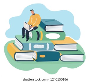 Man sitting and reading on a huge pile of books. Student self education and knowledge concept.