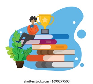 Man sitting and reading on a huge pile of books. Student self education and knowledge concept, Book festival illustration poster, flat style cartoon design isolated on white background