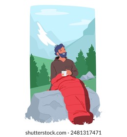 Man Sitting In A Red Sleeping Bag, Enjoying A Cup Of Coffee In A Serene Mountainous Landscape. Vector Image Conveys A Sense Of Relaxation, Adventure, And Connection With Nature Cartoon Illustration