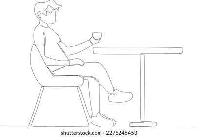 A man sitting relaxed with a cup of coffee. Coffee shop activity one line drawing