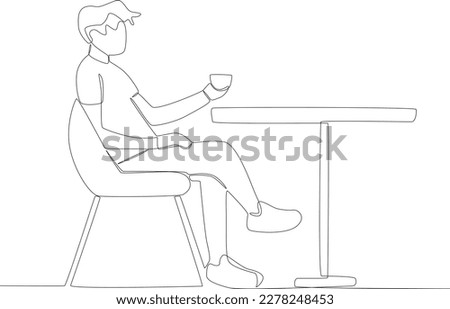 A man sitting relaxed with a cup of coffee. Coffee shop activity one line drawing