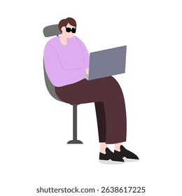 A man is sitting relaxed holding a laptop. flat design illustration concept
