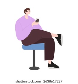A man is sitting relaxed holding a laptop. flat design illustration concept