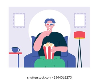 El hombre está sentado relajado con gafas de cine viendo la película en la sala de estar mientras come palomitas de maíz. Diseño de personajes. Ilustración plana de Vector