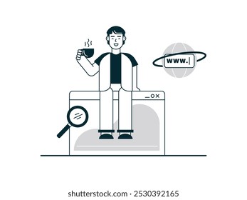 Hombre sentado relajado mientras bebe café caliente, tomando un descanso después de crear la página de inicio. Diseño de personajes. Ilustración plana de Vector