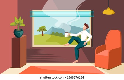 man sitting relaxed in window drinking coffee vector illustration
