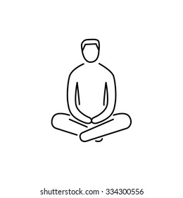 Man sitting and relaxing in meditation position black linear icon on white background | flat design alternative healing illustration and infographic