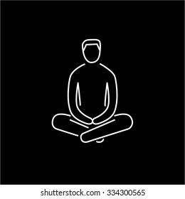 Man sitting and relaxing in meditation position white linear icon on black background | flat design alternative healing illustration and infographic