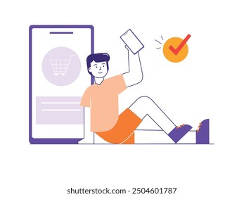 Hombre sentado relajante ordenando productos en la tienda en línea, esperando en casa. Diseño de personajes. Ilustración plana de Vector
