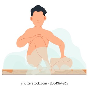 Man Sitting And Relaxing In Sauna Isolated On White. Bathhouse Or Banya. Wellness Spa Procedures. Male Character In Hot Steam Bath Resting Alone. Person Takes Care Of Health, Enjoys In Steam-room