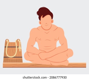 Man Sitting And Relaxing In Sauna Isolated On White. Bathhouse Or Banya. Wellness Spa Procedures. Male Character In Hot Steam Bath Resting Alone. Person Takes Care Of Health, Enjoys In Steam-room