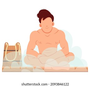 Man Sitting And Relaxing In Sauna Isolated On White. Bathhouse Or Banya. Wellness Spa Procedures. Male Character In Hot Steam Bath Resting Alone. Person Takes Care Of Health, Enjoys In Steam-room