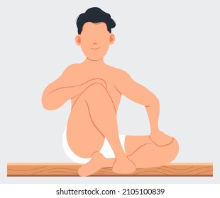 Man sitting and relaxing in sauna isolated on white. Bathhouse or banya. Wellness spa procedures. Male character in hot steam bath resting alone. Person takes care of health, enjoys in steam-room