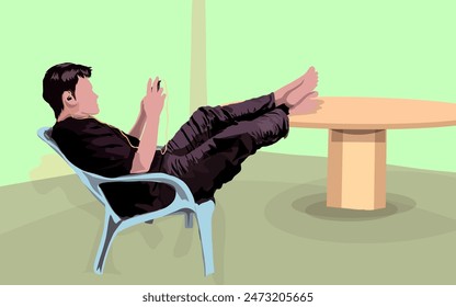 a man is sitting relaxing while playing games and listening to music on his smartphone