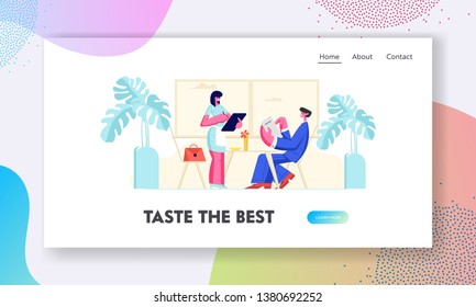 Man Sitting in Restaurant Ordering Meal. Waitress Writing Order in Notebook. Hospitality Service, Customer Visiting Cafe. Website Landing Page, Web Page. Cartoon Flat Vector Illustration, Banner