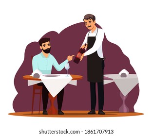 Man sitting in restaurant, waiter offering wine in bottle. Eating and drinking vector illustration. Guy alone at table at modern restaurant in evening.