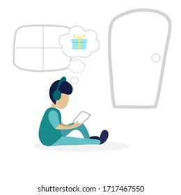 A man sitting in a room using a tablet to buy a gift online store.