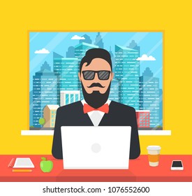 Man sitting in the room and working on a laptop. Town and skyscraper in the window. Vector illustration.