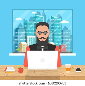 Man sitting in the room and working on a laptop. Town and skyscraper in the window. Vector illustration.