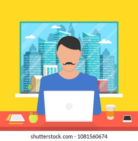 Man sitting in the room and working on a laptop. Town and skyscraper in the window. Vector illustration.
