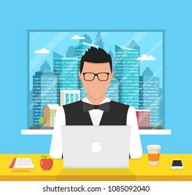 Man sitting in the room and working on a laptop. Town and skyscraper in the window. Vector illustration.