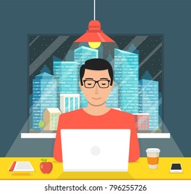 Man sitting in the room and working on a laptop. Town and skyscraper in the window. Vector illustration.